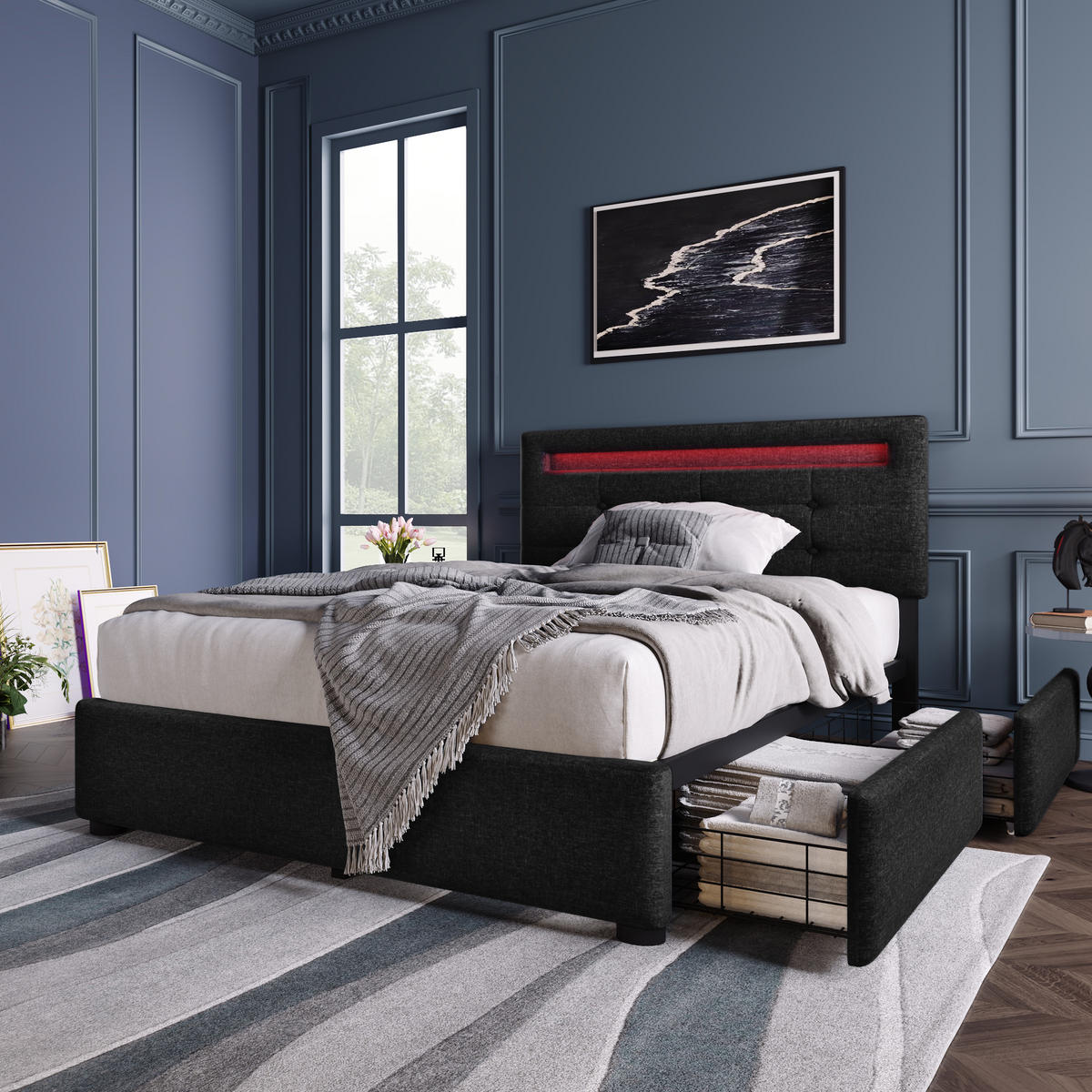 POLSTERBETT 90/200 cm mit LED-Kopfteil, 2 Schubladen & verstellbarem Kopfteil, Schwarz - Schwarz, Textil (90/200cm) - Redom