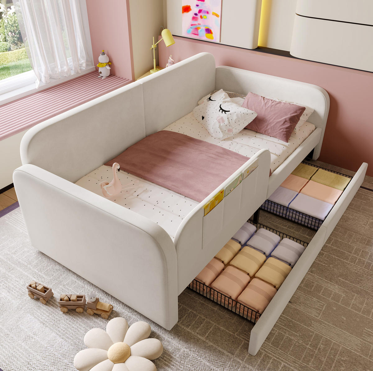 POLSTERBETT 90/200 cm Weiß aus Samt mit 2 Schubladen - Weiß, Textil (90/200cm) - OKMYHOME