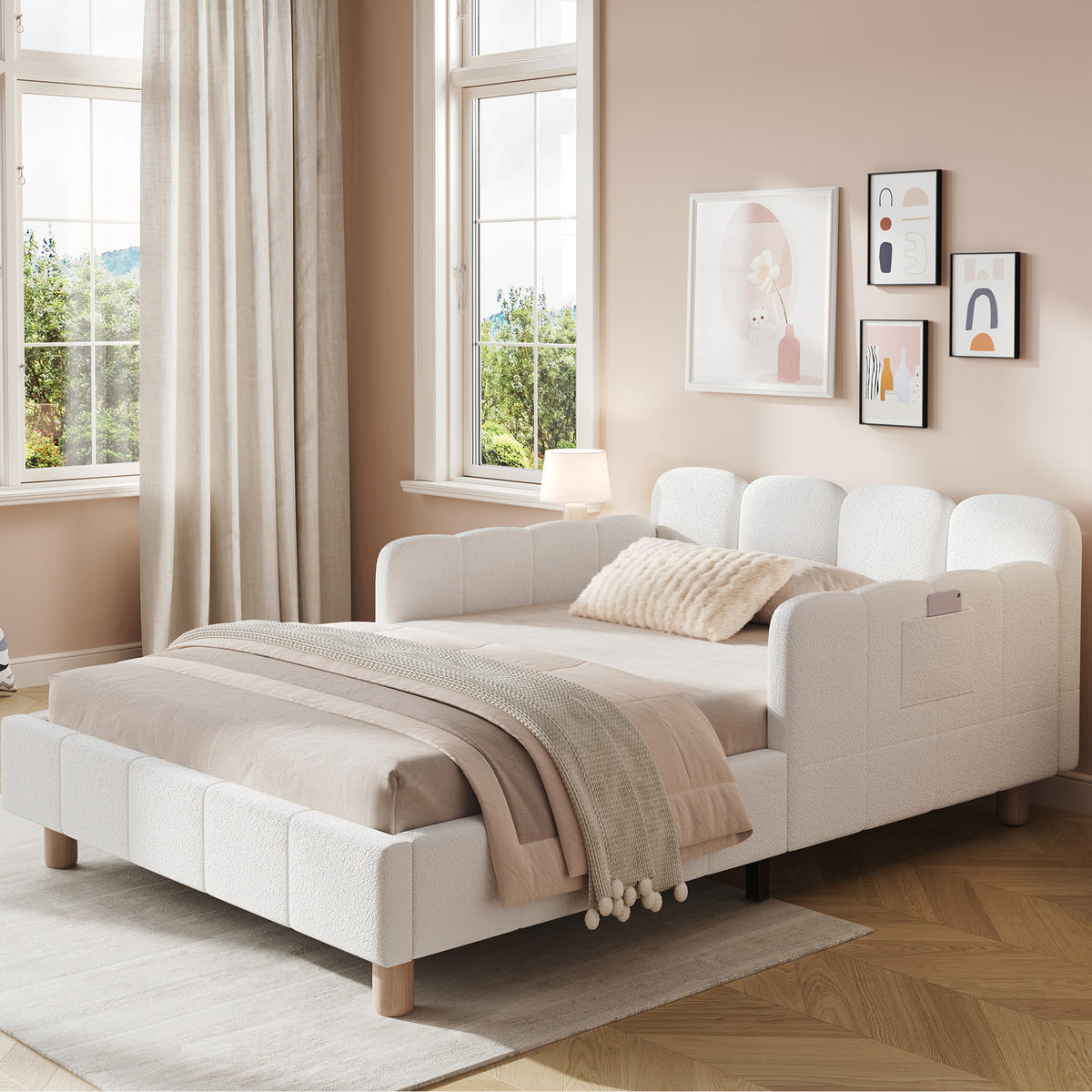 KINDERBETT 140/190 cm mit Sicherheitsbarriere, verstellbaren Seitenlehnen und Stauraumtaschen, Samt, Beige - Beige, Textil (140/190cm) - Redom