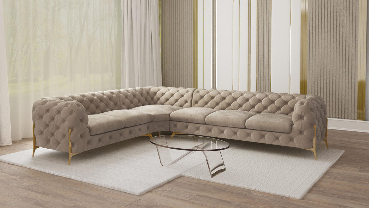 ECKSOFA Chesterfield Lexi Dunkle Creme Samt, langer Schenkel rechts - Goldfarben/Creme, Holz/Textil (323/264cm) - S-Style Möbel