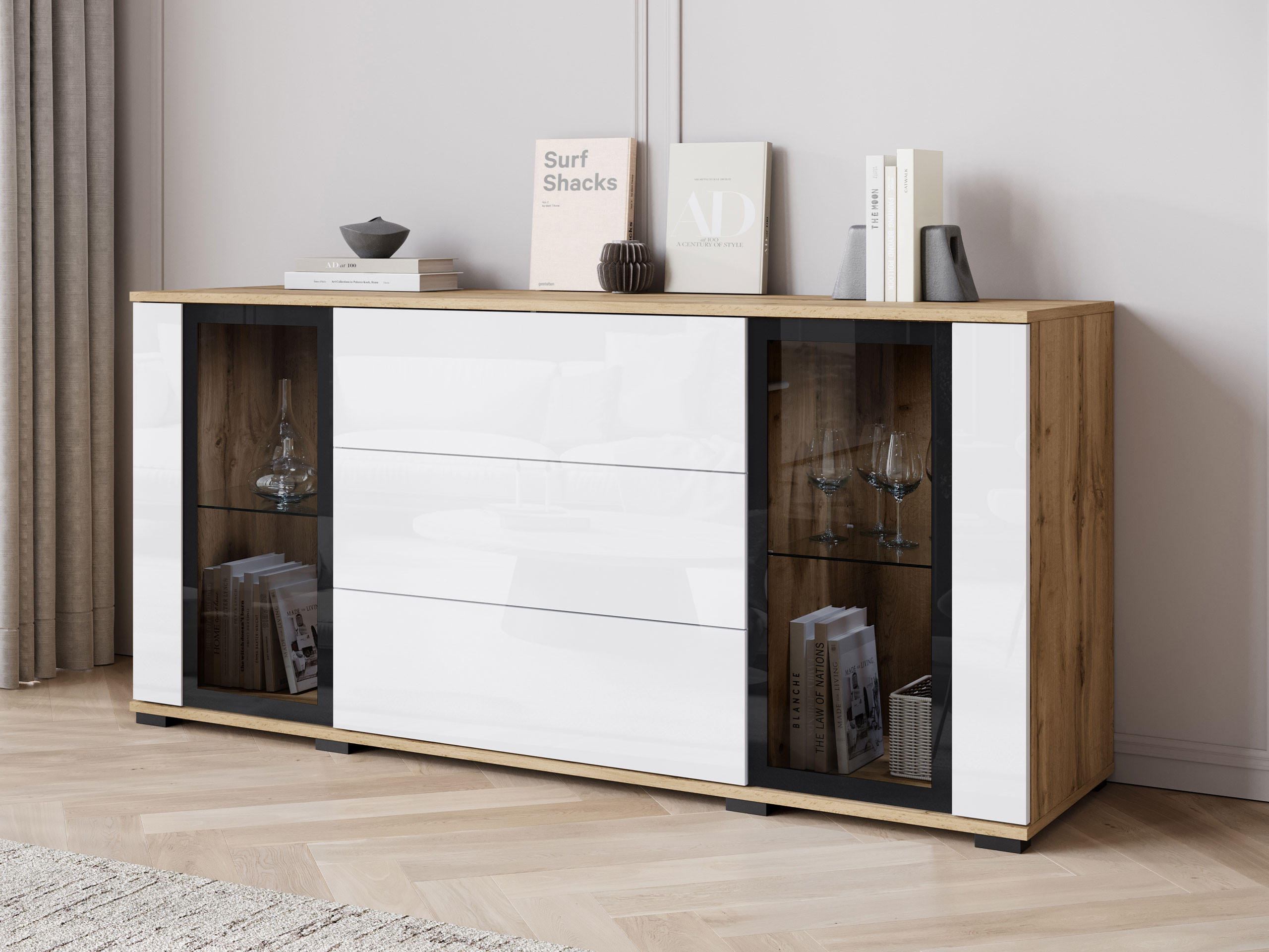 SIDEBOARD Caro SB 150 2D3S - Eiche Wotan/Schwarz, Holzwerkstoff/Kunststoff (150/70/40cm) - MIRJAN24