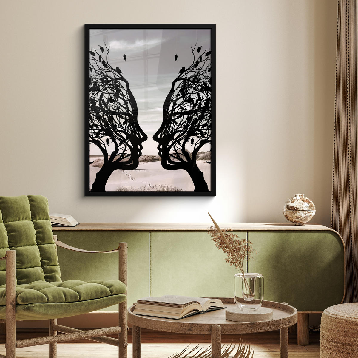 GERAHMTES BILD Strand - Meer - Menschen - Baum - Moderne Kunst 60x80 cm - Hellgrau, Papier (60/80cm) - MuchoWow