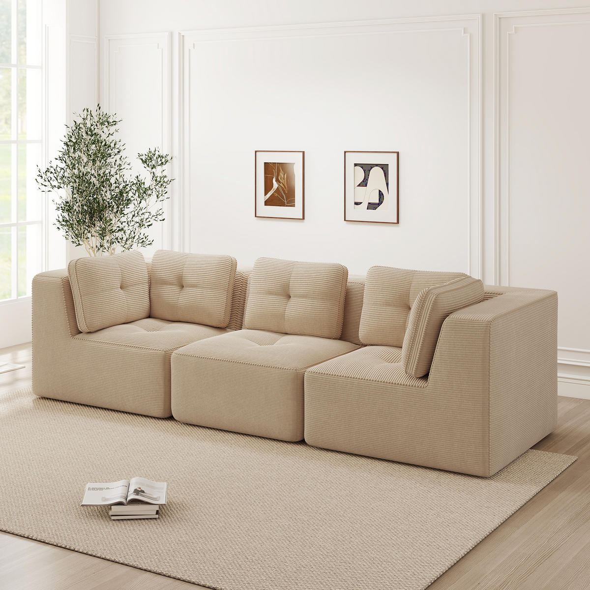 3-SITZER Sofa 297x104x69 cm aus Cordstoff rahmenlos modular, beige - Beige, Textil (104/69/297cm)