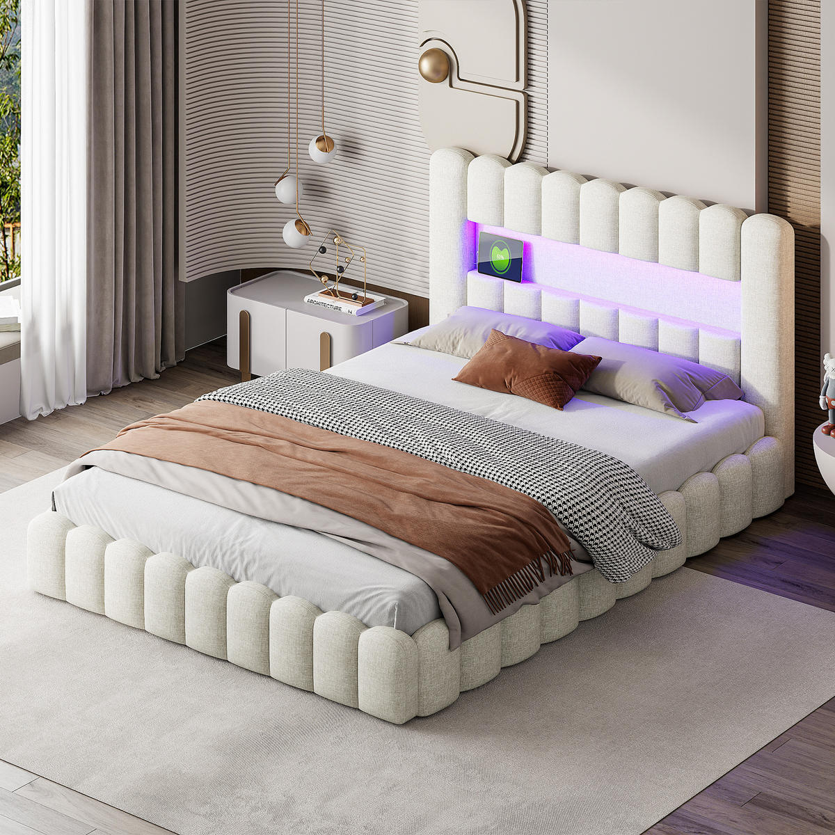 STAURAUMBETT 160x200 cm Doppelbett, mit USB-Anschluss und LED-Beleuchtung, Leinenstoff in Beige - Beige, Holz (160/200cm) - BRILVERDE