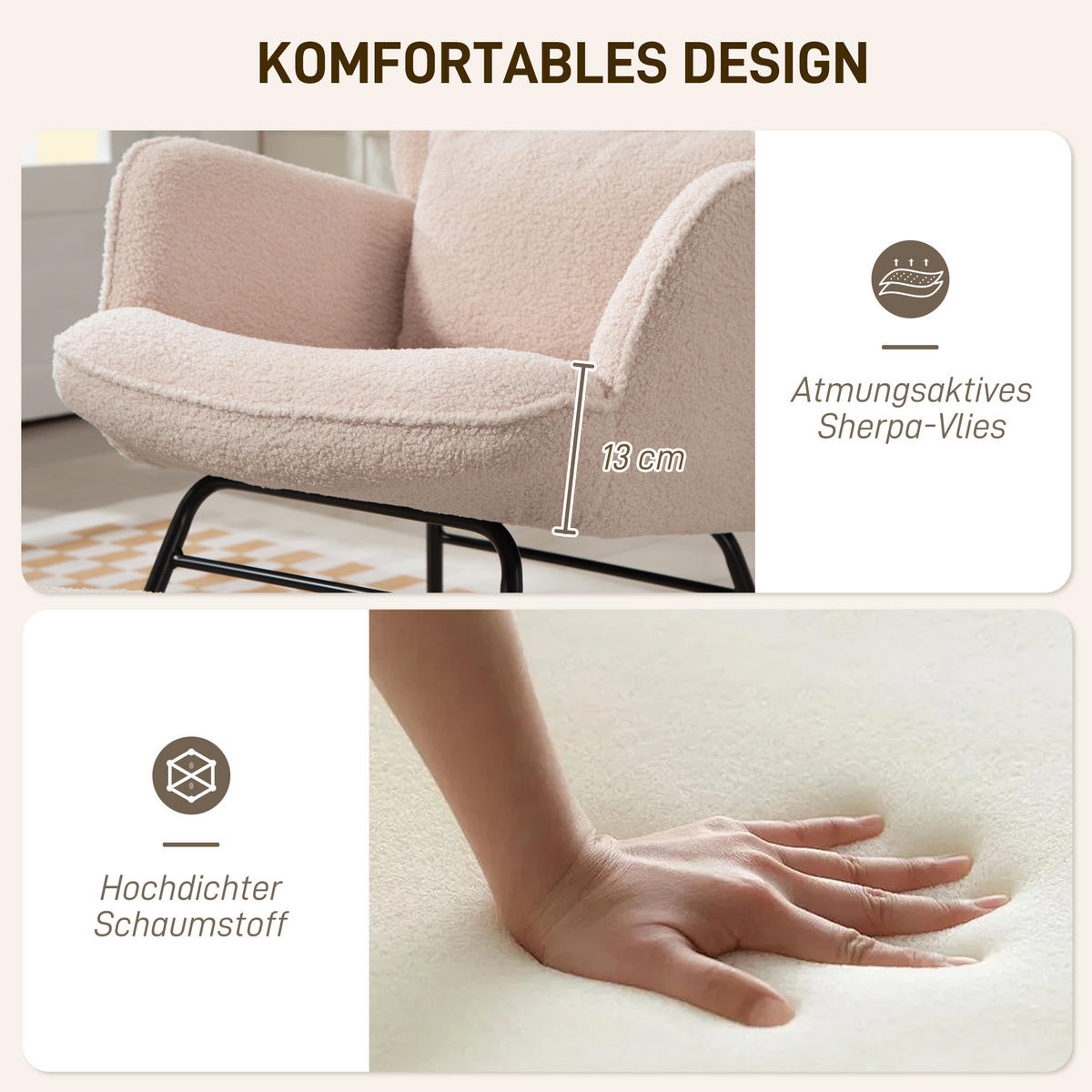 SCHAUKELSTUHL mit Fußhocker, weicher Fleece-Bezug, Holzbeine, Beige - Beige/Naturfarben, Holz/Buchenholz (70.5/99.5/101.5cm) - HOMCOM