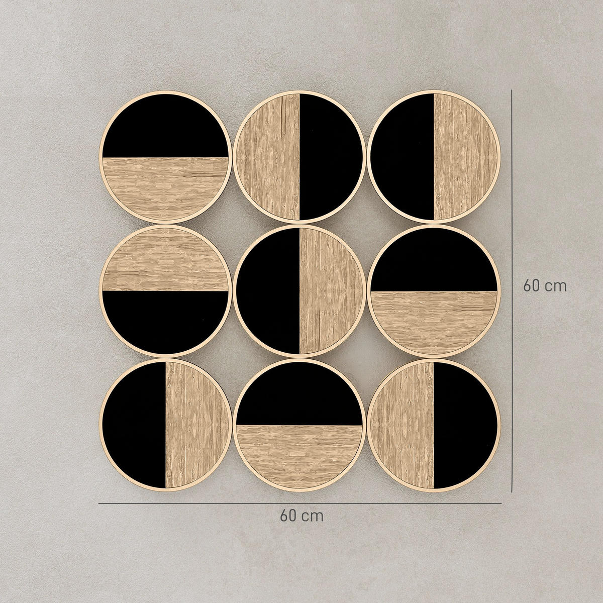 WANDDEKO DE-14333 geometrisch 9 Scheiben Natur/Schwarz - Naturfarben, Holzwerkstoff (60/60/3.8cm) - ComfortXL