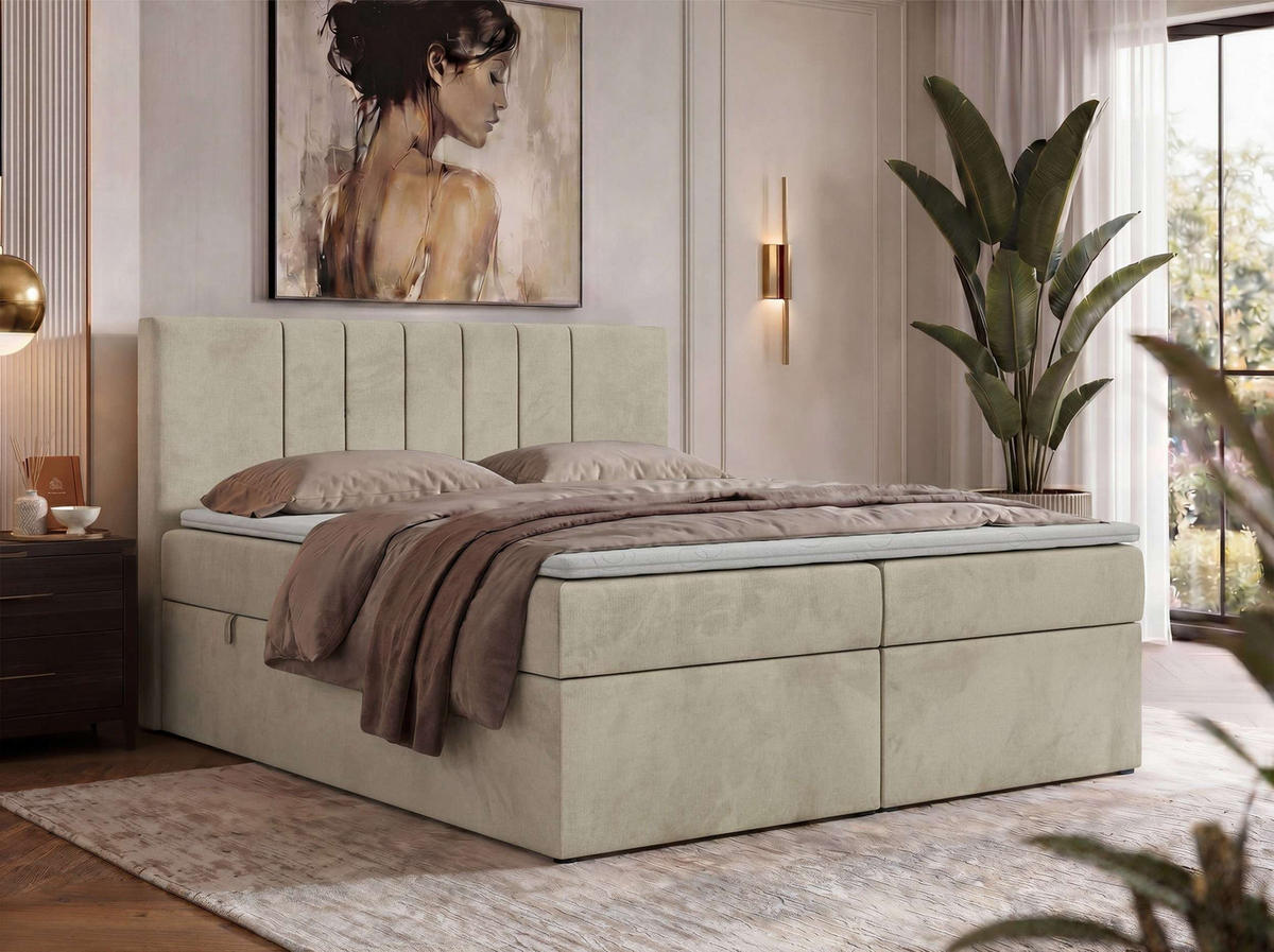 BOXBETT INERO 160/200 - Beige Velvet - Topper Visco - H3 - Beige/Schwarz, Kunststoff/Textil (160/200cm) - MKS