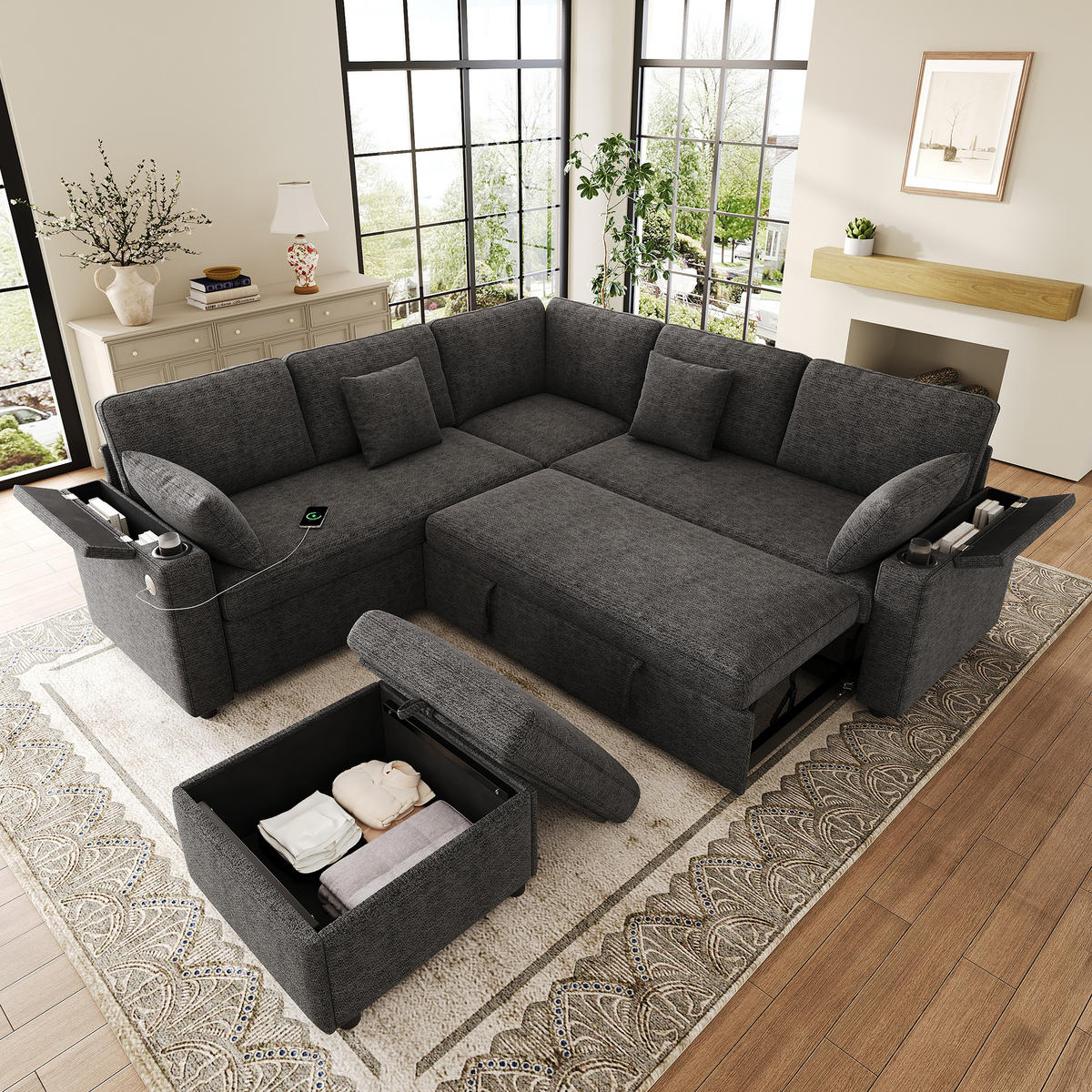 ECKSOFA mit Schlaffunktion Stauraum und USB Type-C - Grau, Textil (204/204cm) - EVRYAE