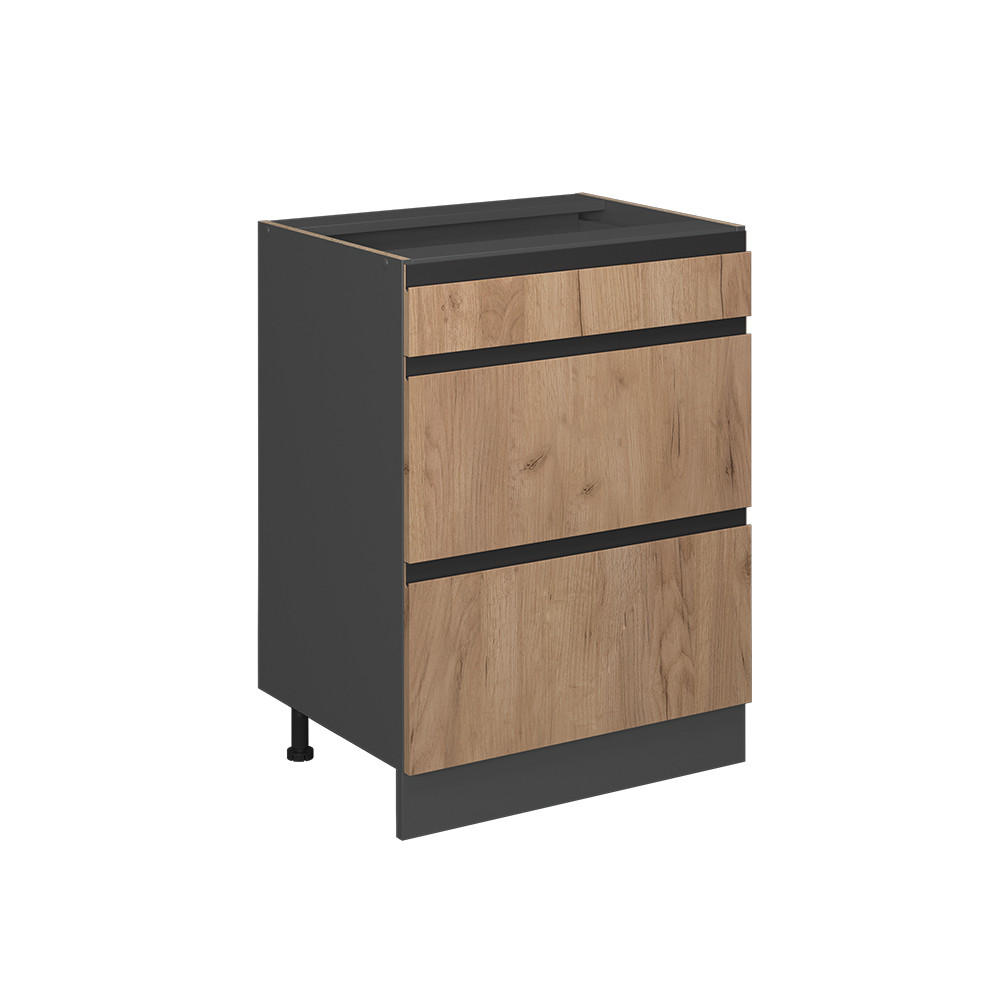 KÖKSUNDERSKÅP R-Line Goldkraft ek 60 cm J-Shape, med lådor, utan bänkskiva Honungsek, Antracit 81.6/60/46 cm