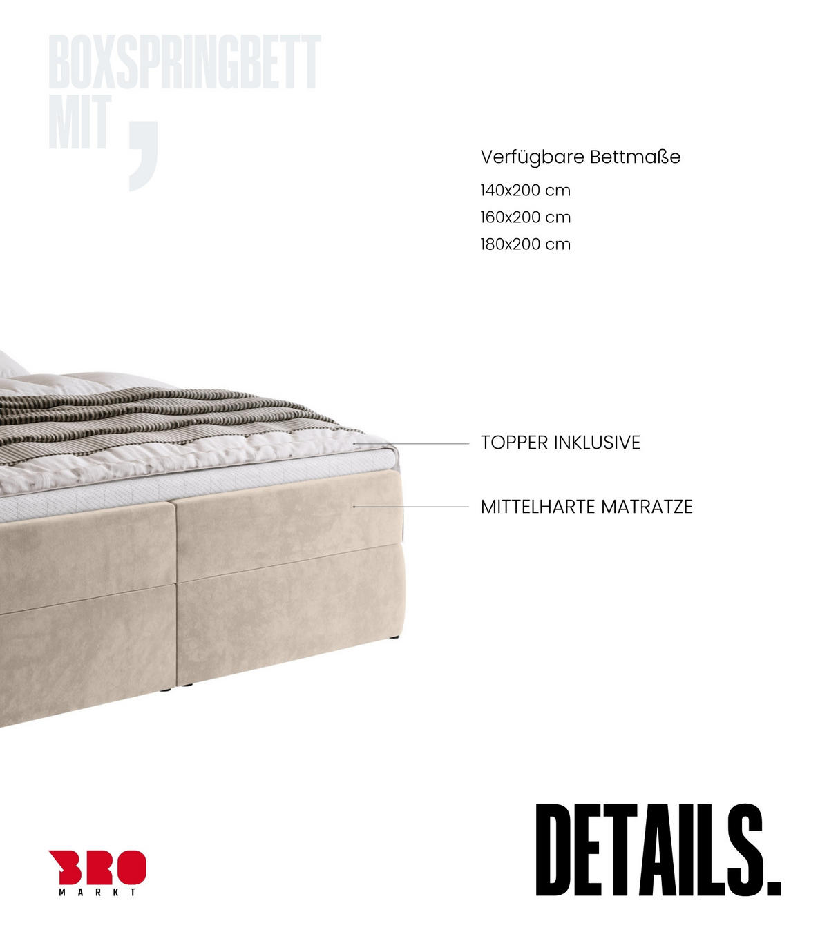 BOXBETT DREAM mit Topper 160x200 Beige - Beige, Textil (160/200cm) - Bromarkt