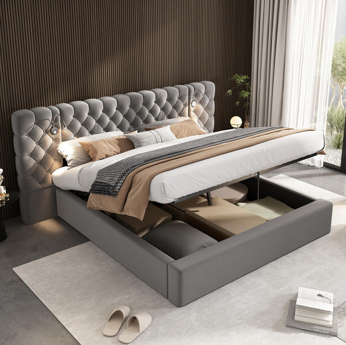 POLSTERBETT 180/200 cm Grau mit Stauraum und LED-Beleuchtung - Grau, Textil (180/200cm) - OKWISH