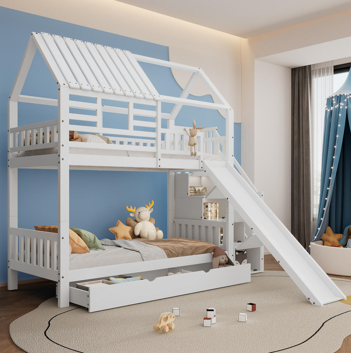 HAUSBETT 90/200 cm mit Treppe und Rutsche in Hausoptik Weiß - Weiß, Holzwerkstoff (90/200cm) - BEAOK