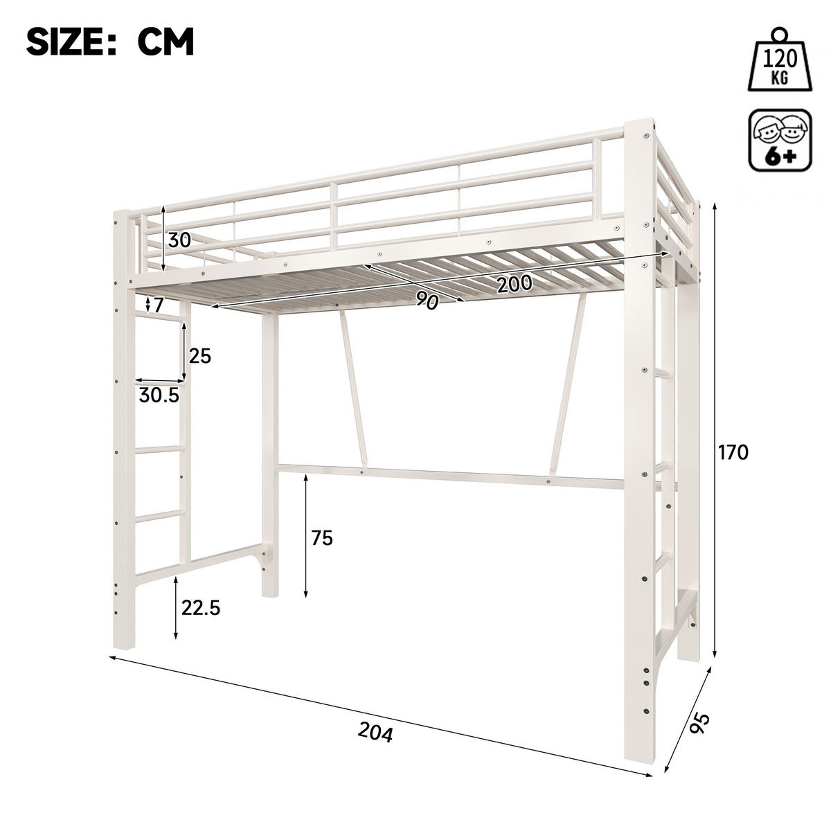 HOCHBETT 90/200 cm in Weiß mit Doppelleiter, Schutzgeländern und offenem Raum unter dem Bett aus Metall - Weiß, Metall (90/200cm) - STILVORA
