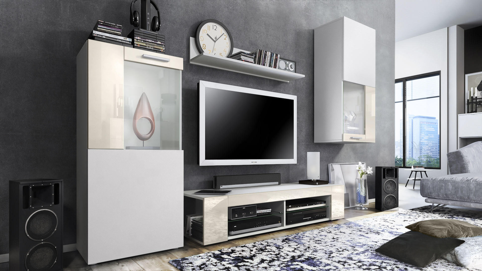 WOHNWAND Movie Absetzungen in Creme Hochglanz - Creme, Holzwerkstoff (300/190/39cm) - Vladon