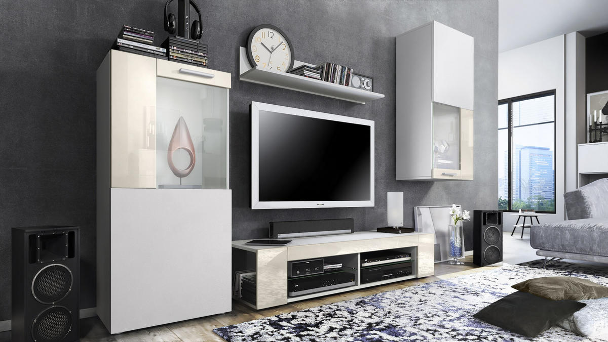 WOHNWAND Movie Absetzungen in Creme Hochglanz - Creme, Holzwerkstoff (300/190/39cm) - Vladon