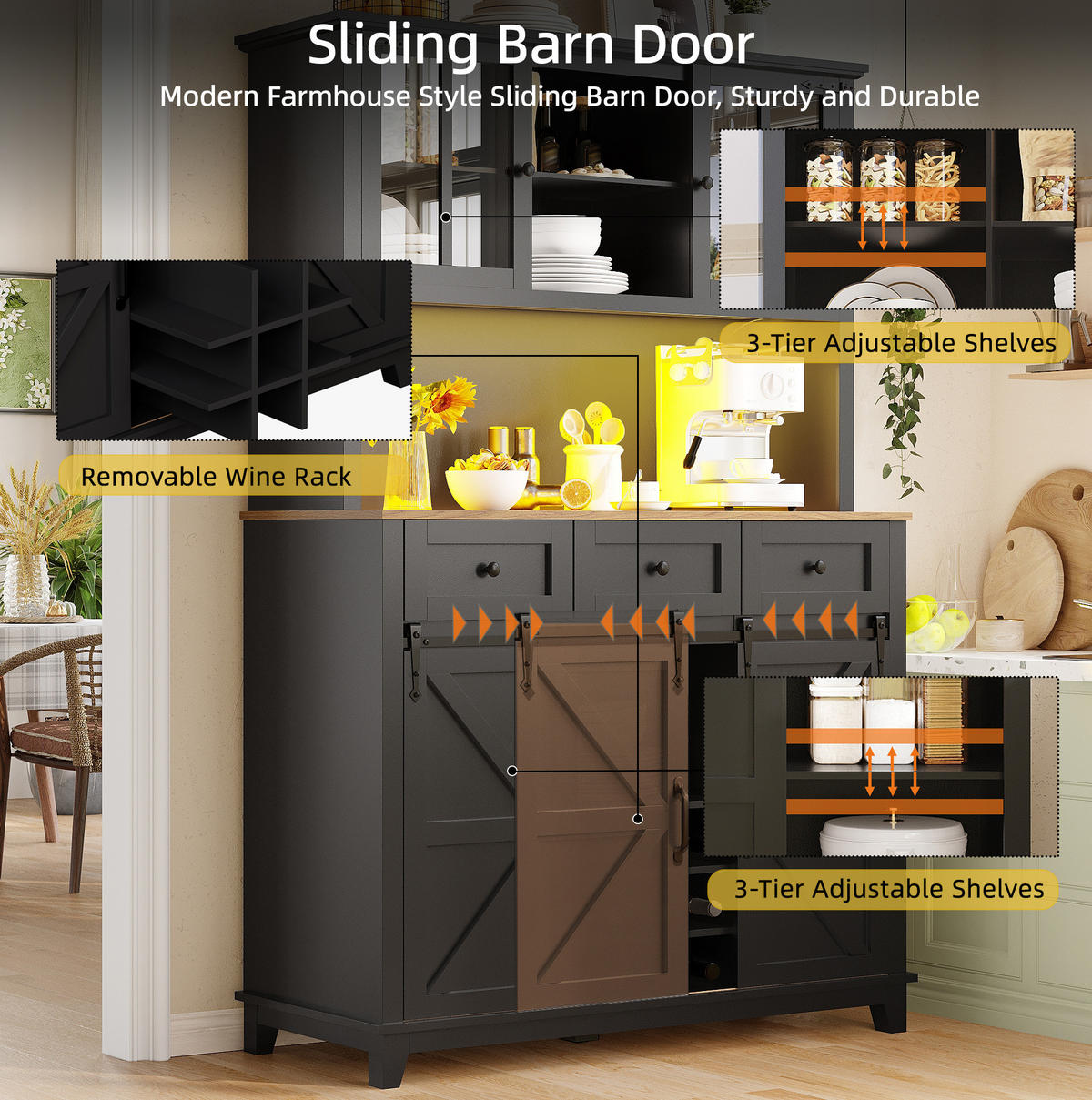 BUFFET 105/38,4/180 cm aus MDF mit LED-Beleuchtung und Schiebetür Schwarz - Schwarz, Holzwerkstoff (105/180/38.4cm) - Modenvie