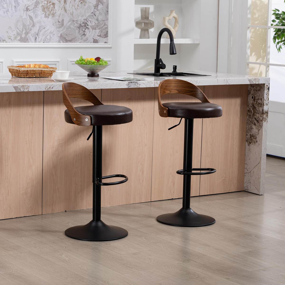 BARHOCKER 2er-Set Braun 360° Drehbar Höhenverstellbar mit Rückenlehne - Braun, Leder (42.5/77/42cm) - PANGIVO