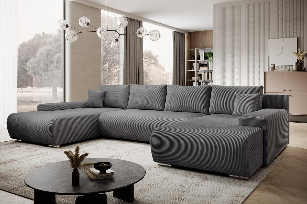 ECKSOFA Credo mit Schlaffunktion und Bettkasten, Couch U-Form, 348x81x185 cm, Dunkelgrau - Dunkelgrau, Holz (348/170cm) - PROMETO Möbel