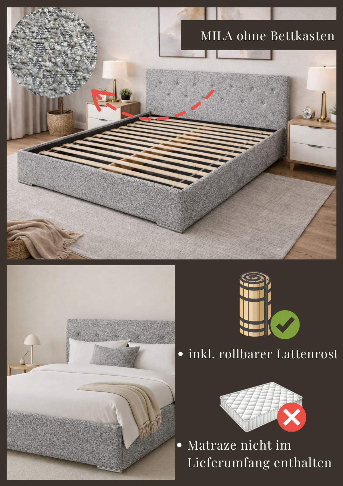 ČALOUNĚNÁ POSTEL MILA 180 s rošt – látka MARCELLO 18313 - šedá, kompozitní dřevo (180/200cm) - Kier Furniture