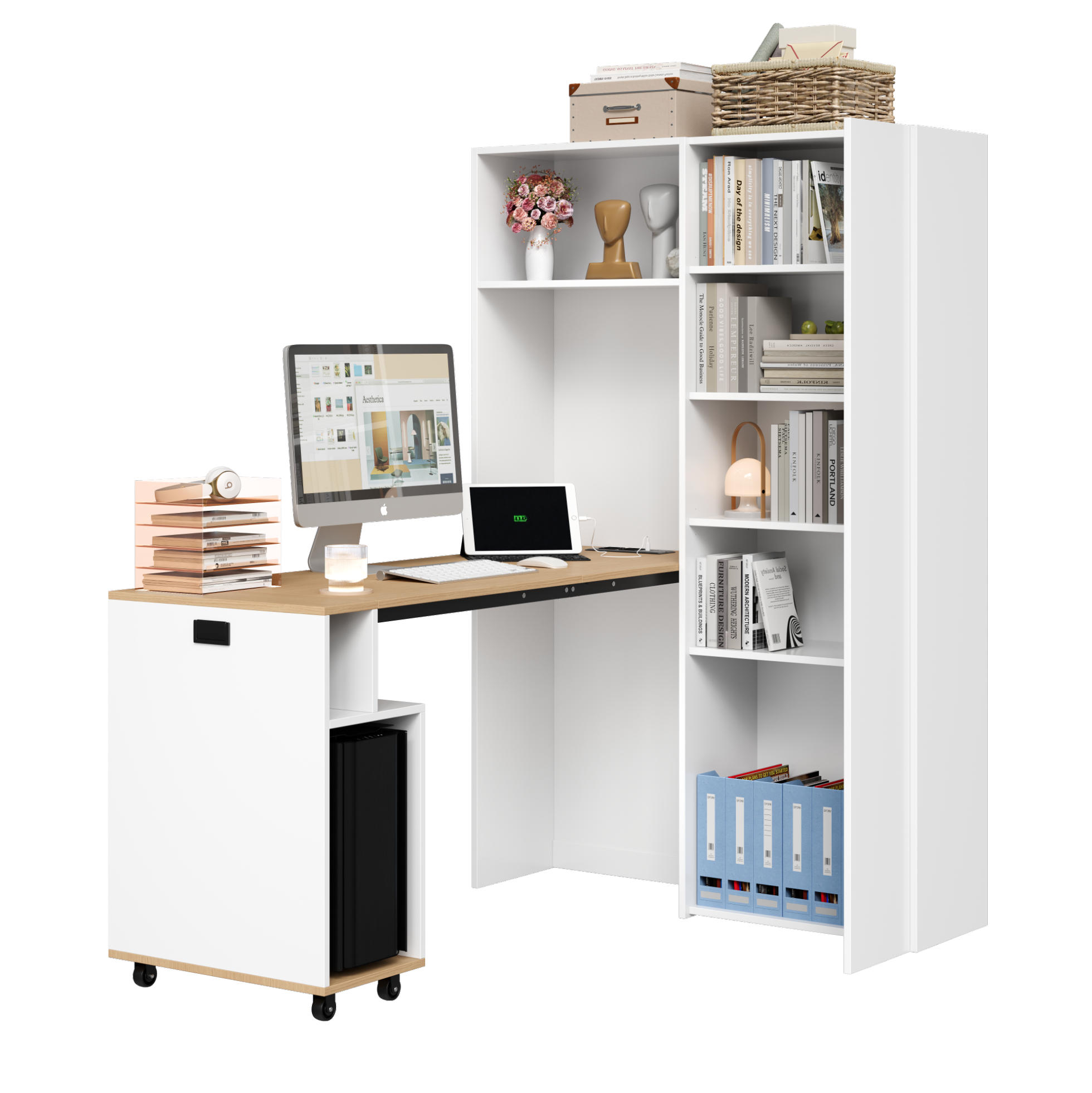 SCHREIBTISCH klappbar mit Regal 104,5 x 30,5 x 160 cm MDF White Oak - Weiß, Holz (104.5/30.5/160cm) - Meubliv
