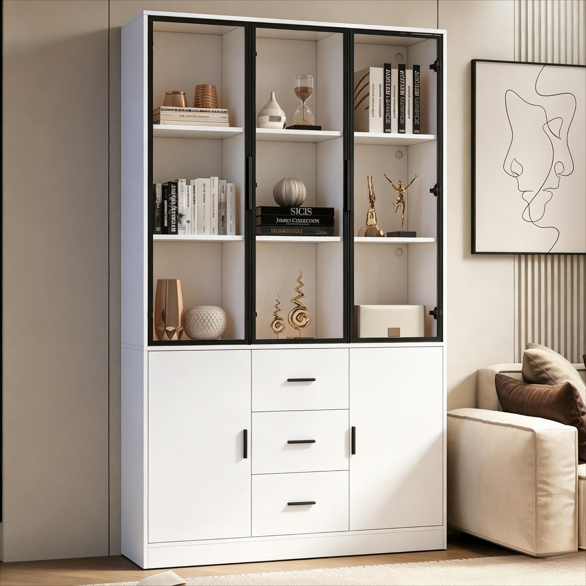 KÜCHENSCHRANK MIT LED BELEUCHTUNG 120/200/30 cm, Spanplatte und Glas, Weiß matt, Highboard mit 3 Schubladen für Wohnzimmer - Weiß, Holzwerkstoff (30/200/120cm) - Rolipo
