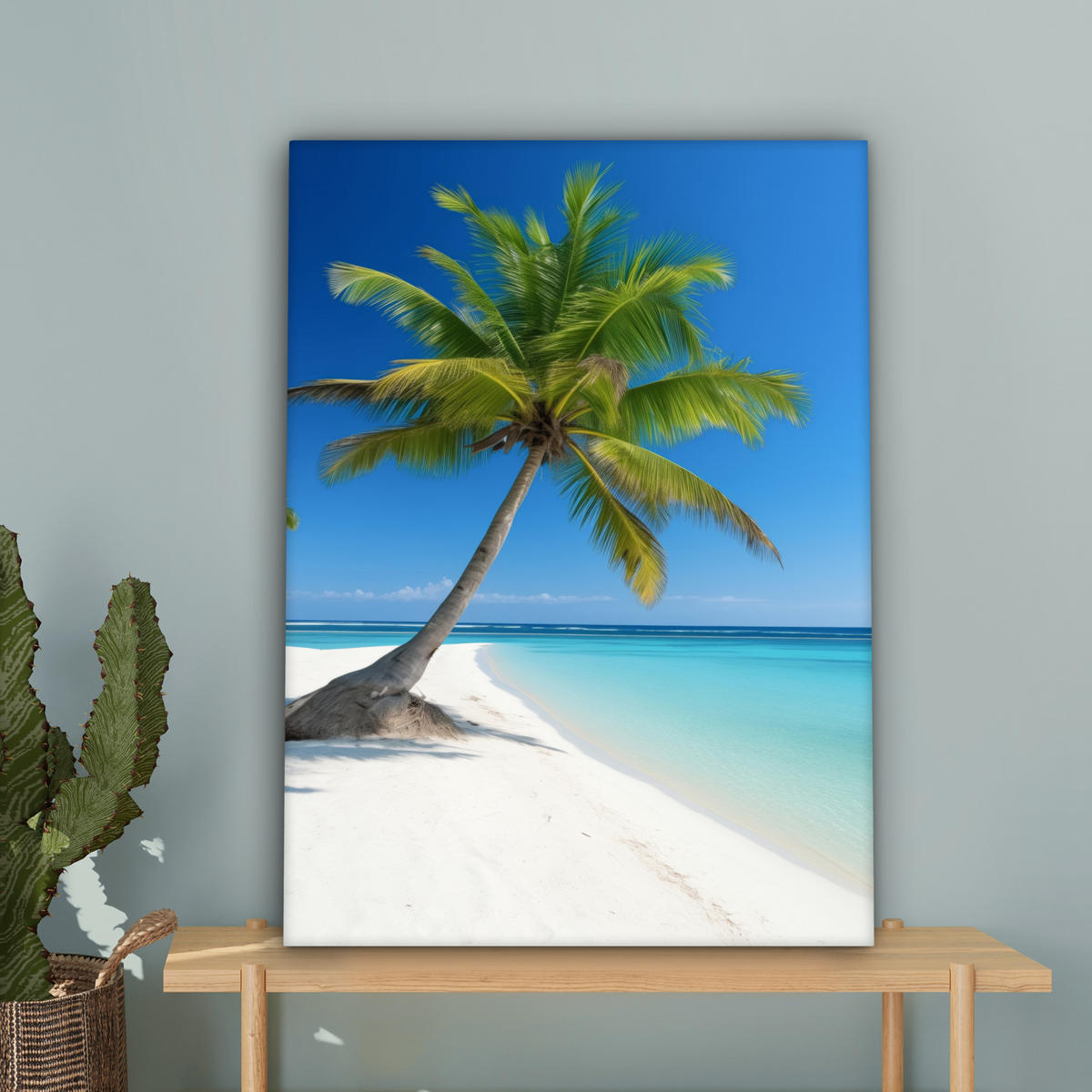 LEINWANDBILD Strand - Palme - Tropisch - Meer Wandbild Wohnzimmer 60x80 cm - Grün, Textil (60/80cm) - MuchoWow