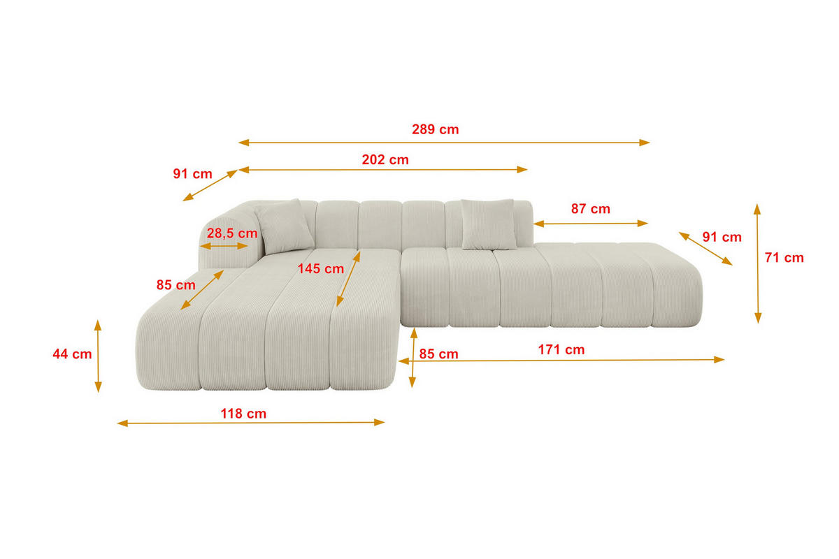 ROHOVÁ SEDAČKA s otomanem, levá BILA-L 289x176x71 Krémová Manšestr - černá/krémová, kompozitní dřevo/textil (176/289cm) - ALTDECOR