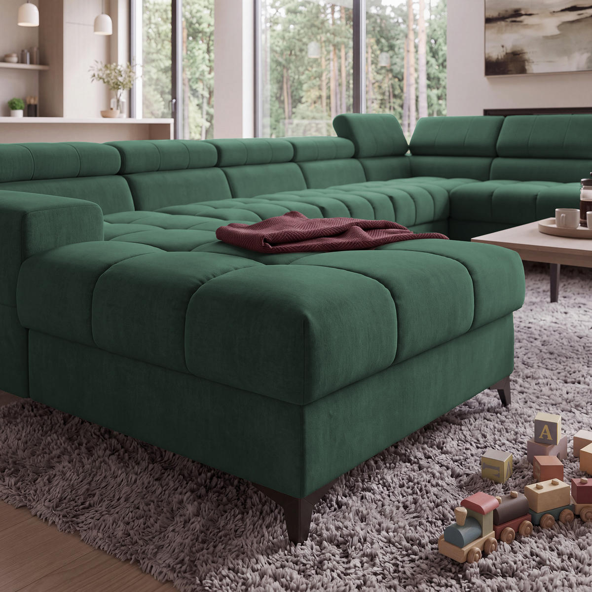 ECKSOFA PUDDING MAXI U Rechts mit Schlaffunktion 125x330 Velours Grün - Schwarz/Grün, Holz/Textil (421/203cm) - Muffo