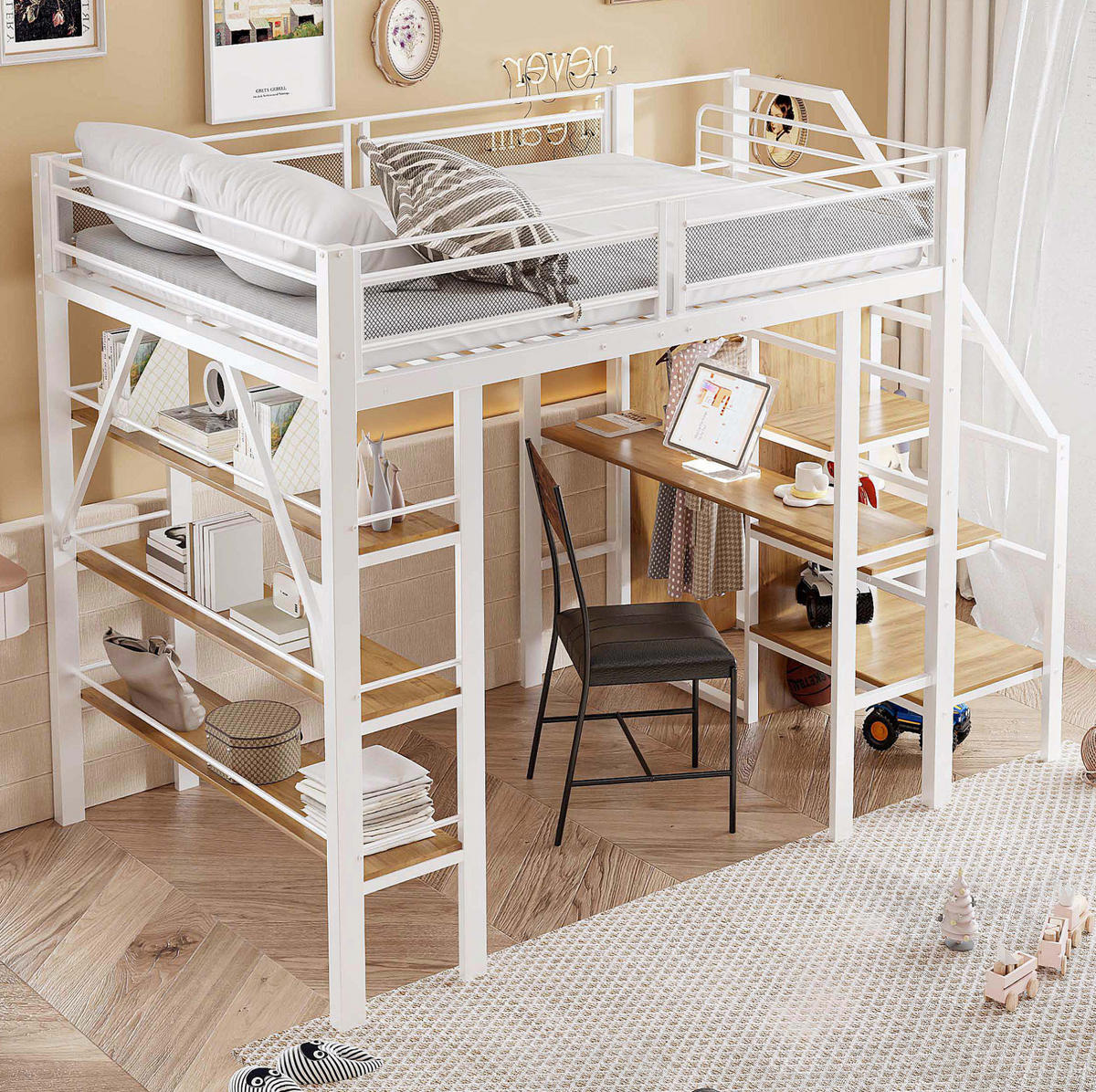 HOCHBETT 140/200 cm in Weiß mit Schreibtisch, Regal, Kleiderschrank und Treppe - Weiß, Metall (140/200cm) - Flora Grace