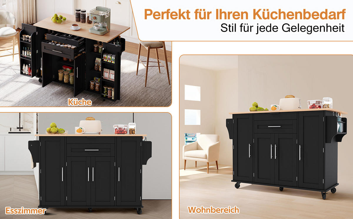 KÜCHENINSEL 120x45/70 cm ausziehbar mit Gewürzregal - Schwarz, Holzwerkstoff (136/92/70cm)