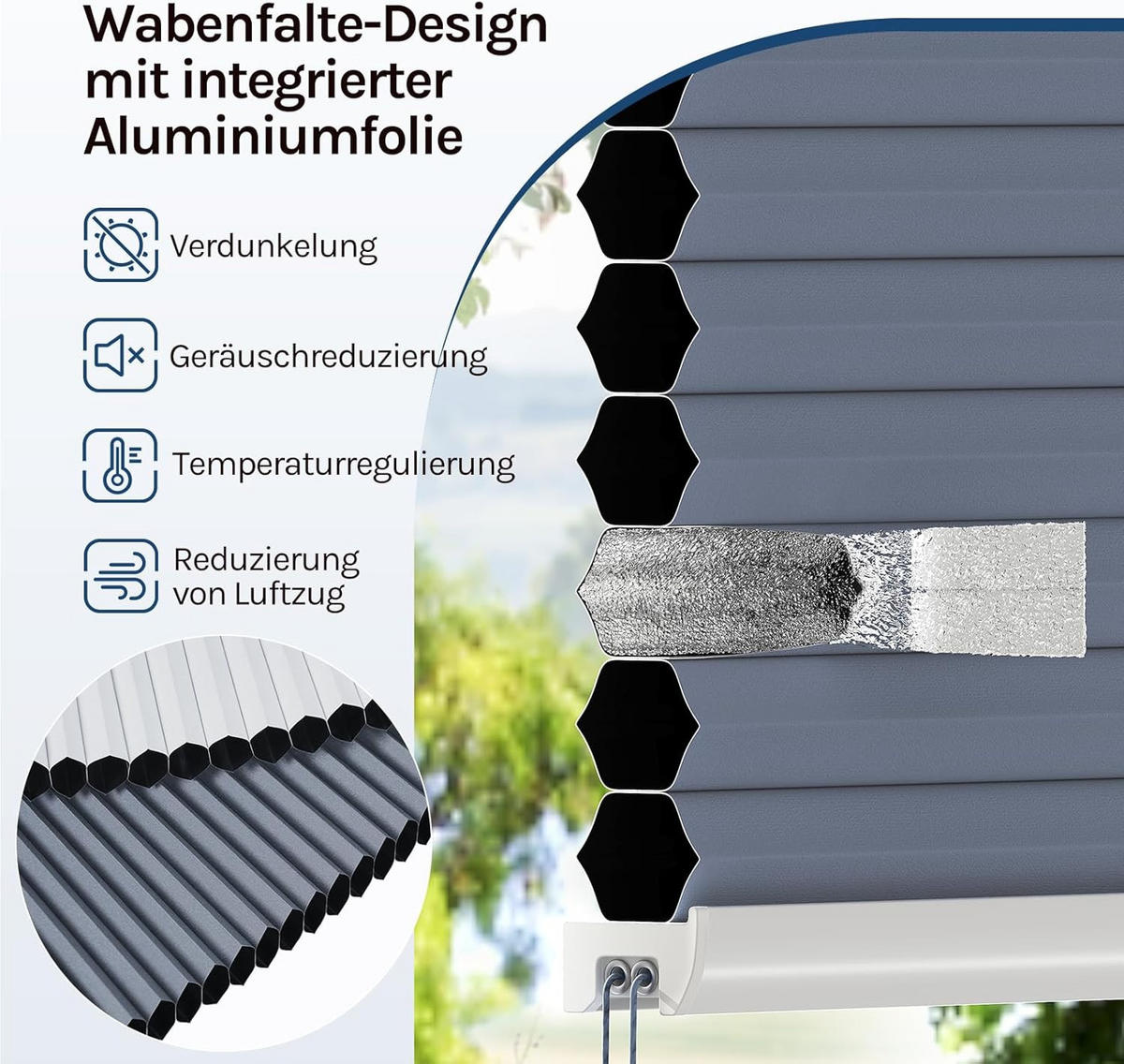 WABENPLISSEE ohne Bohren Verdunkelung 65 x 130 Blau-Weiß - Blau, Kunststoff (65/130/2cm) - Woltu