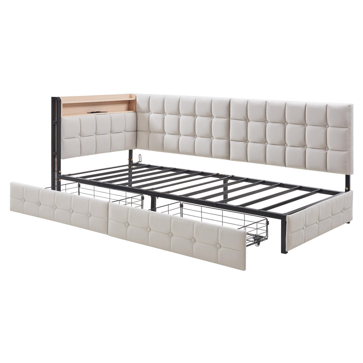 POLSTERBETT 90/200 cm Beige mit Stauraum mit LED-Beleuchtung und USB- und Type-C-Anschlüssen - Beige, Textil (90/200cm) - OKWISH