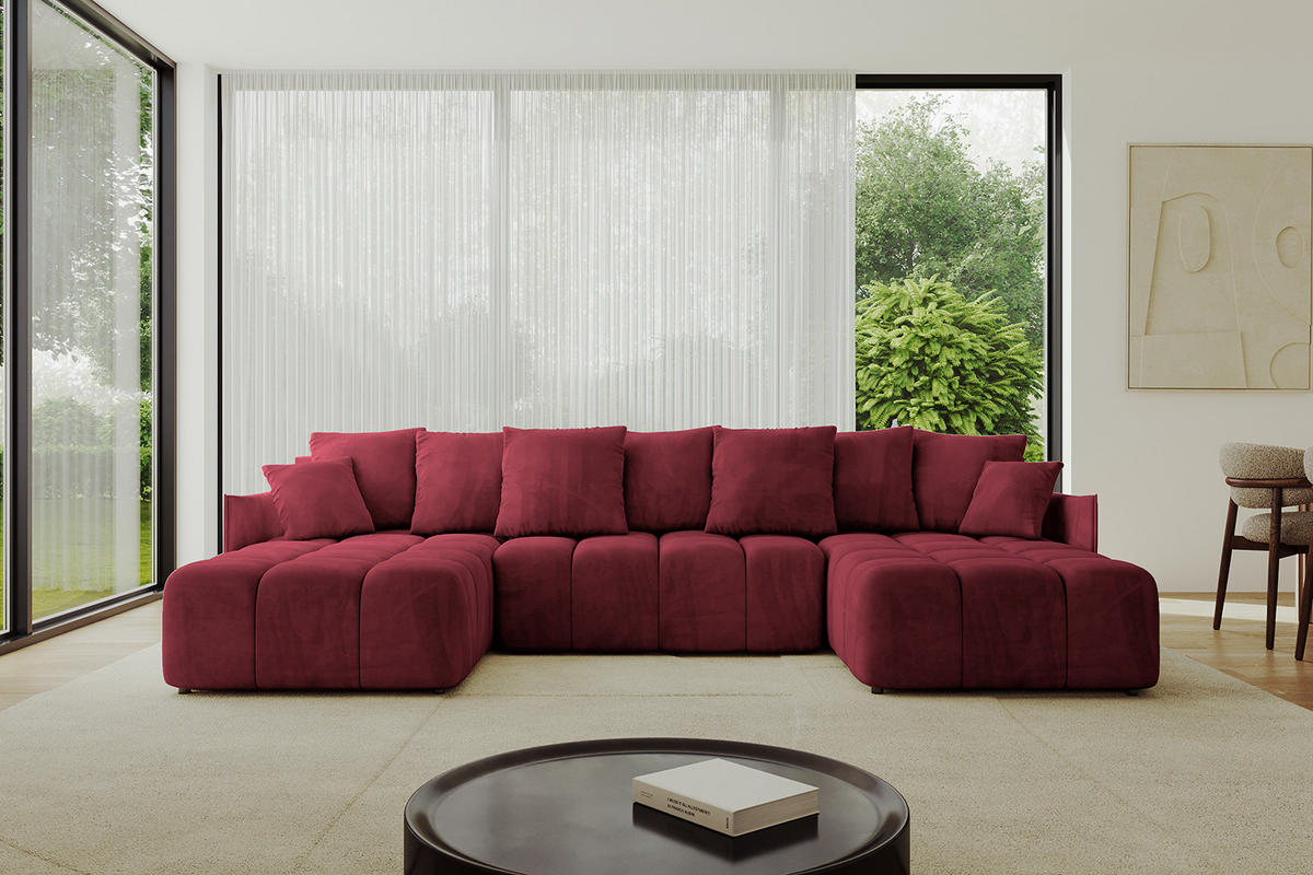 WOHNLANDSCHAFT LONLI-U 355x189x68 Bordeaux Velours - Bordeaux, Holzwerkstoff/Kunststoff (355/68/189cm) - ALTDECOR