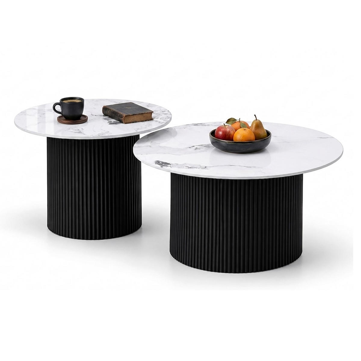 COUCHTISCH-SET Keramik rund 2-tlg. Trommelgestell Schwarz 80 & 60 cm - Schwarz/Weiß, Keramik/Metall (80/80/46cm) - HOOZ