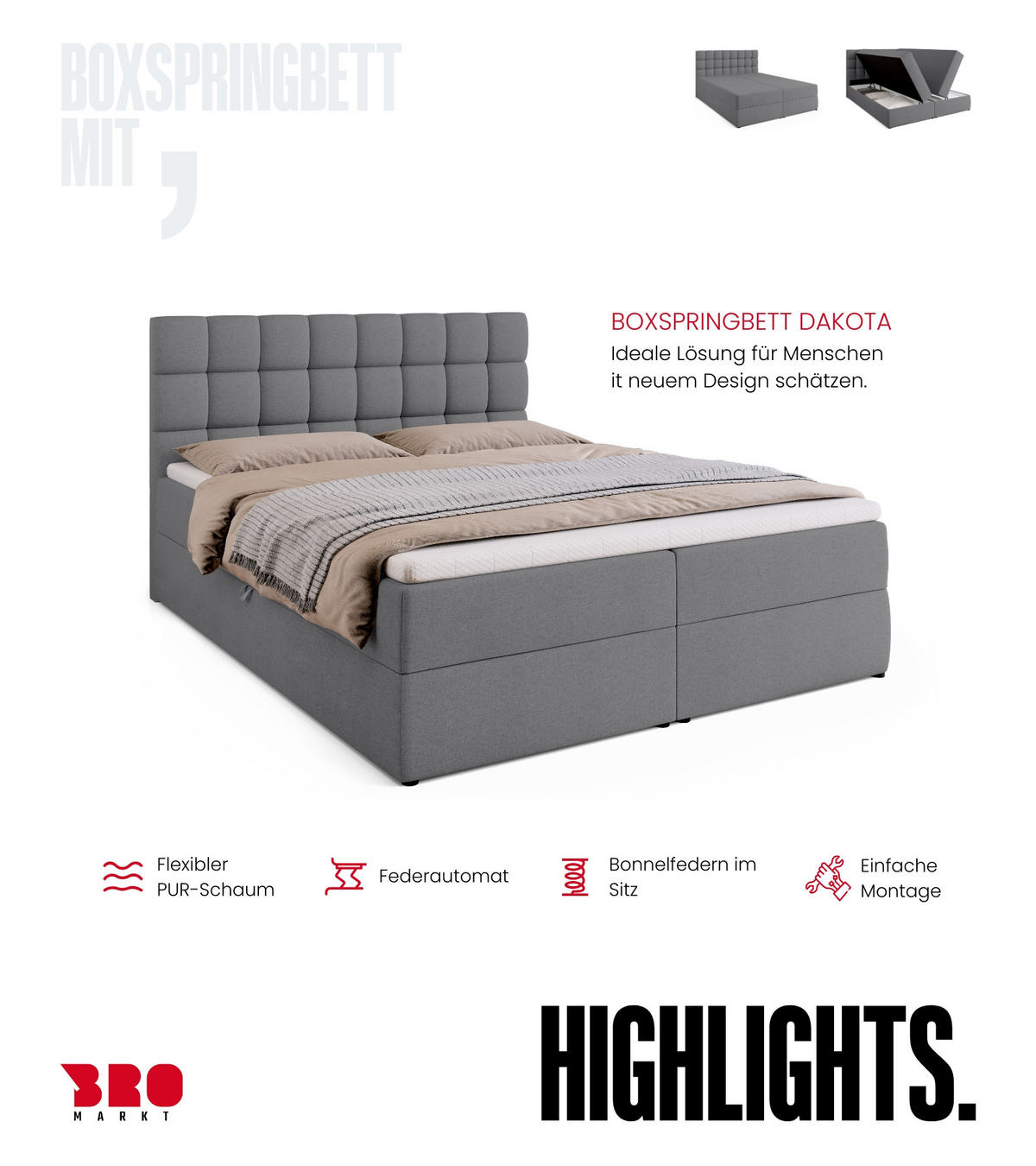 BOXBETT Dakota mit Topper 160/200 Hellgrau - Hellgrau, Textil (160/200cm) - Bromarkt