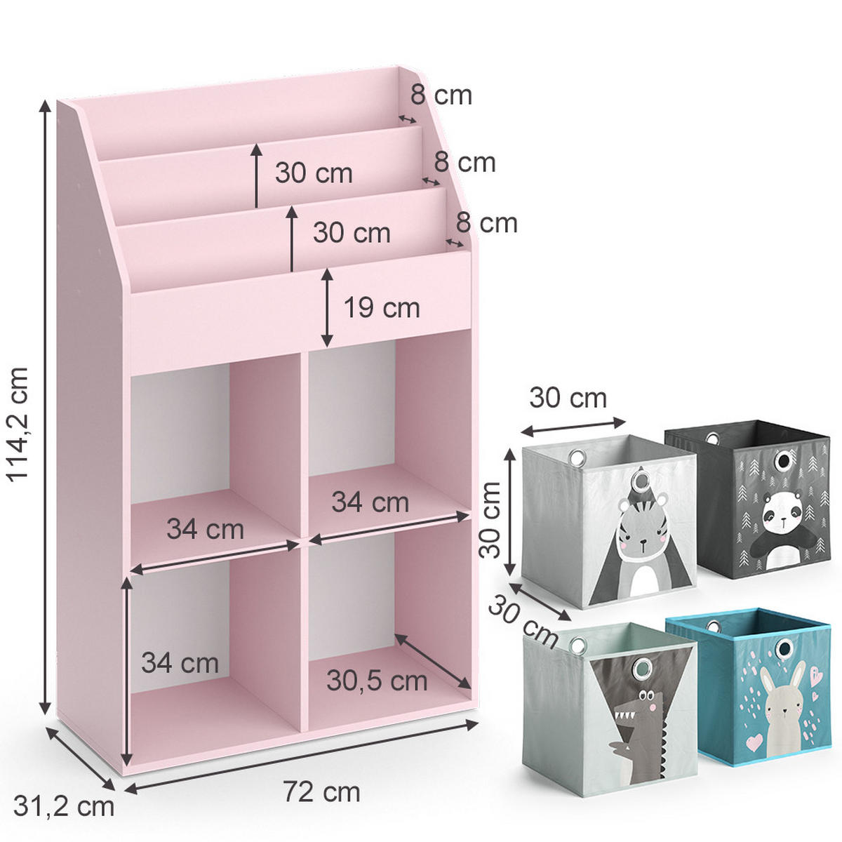 KINDERREGAL Luigi Rosa 72 x 114.2 cm mit 4 Faltboxen - Pink, Holzwerkstoff (72/114.2/31.2cm) - Vicco