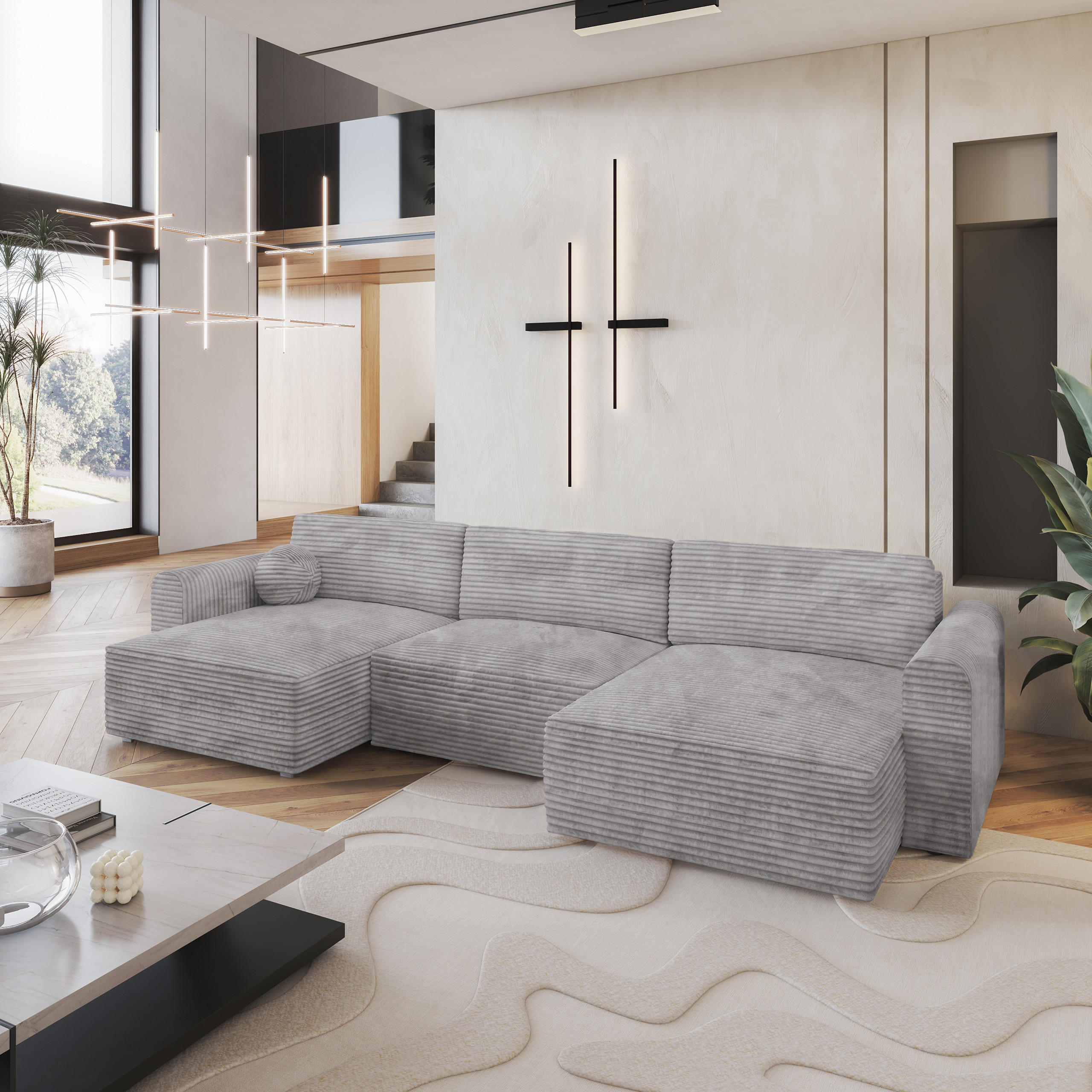 WOHNLANDSCHAFT FENTO Hellgrau Kordstoff mit Schlaffunktion - Hellgrau, Holz (347/90/148cm) - MASSENO