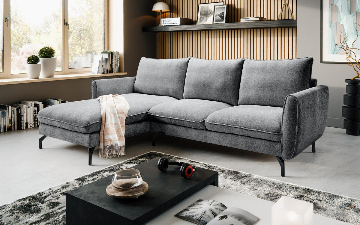 SOFA grau Webstoff 259 x 167 cm, Ecksofa 5-Sitzer, L-Sofa Ottomane links - Schwarz/Grau, Holz/Textil (259/167cm) - Inn.Furn