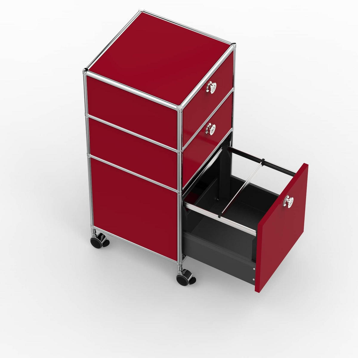 BÜRO-ROLLCONTAINER, Metall, 40 cm, 2 Schubladen + 1 Hängeregistratur, Rubinrot - Chromfarben/Silberfarben, Metall (40/87.9/39.7cm) - Versee