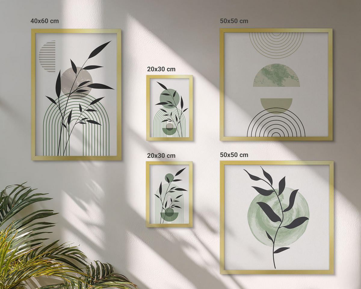 WANDBILDER 5er Set - 50x50 cm & 20x30 cm & 40x60 cm Goldrahmen - Boho-Pflanzenkompositionen - Goldfarben, Kunststoff (40/60cm) - ArtPrintCave