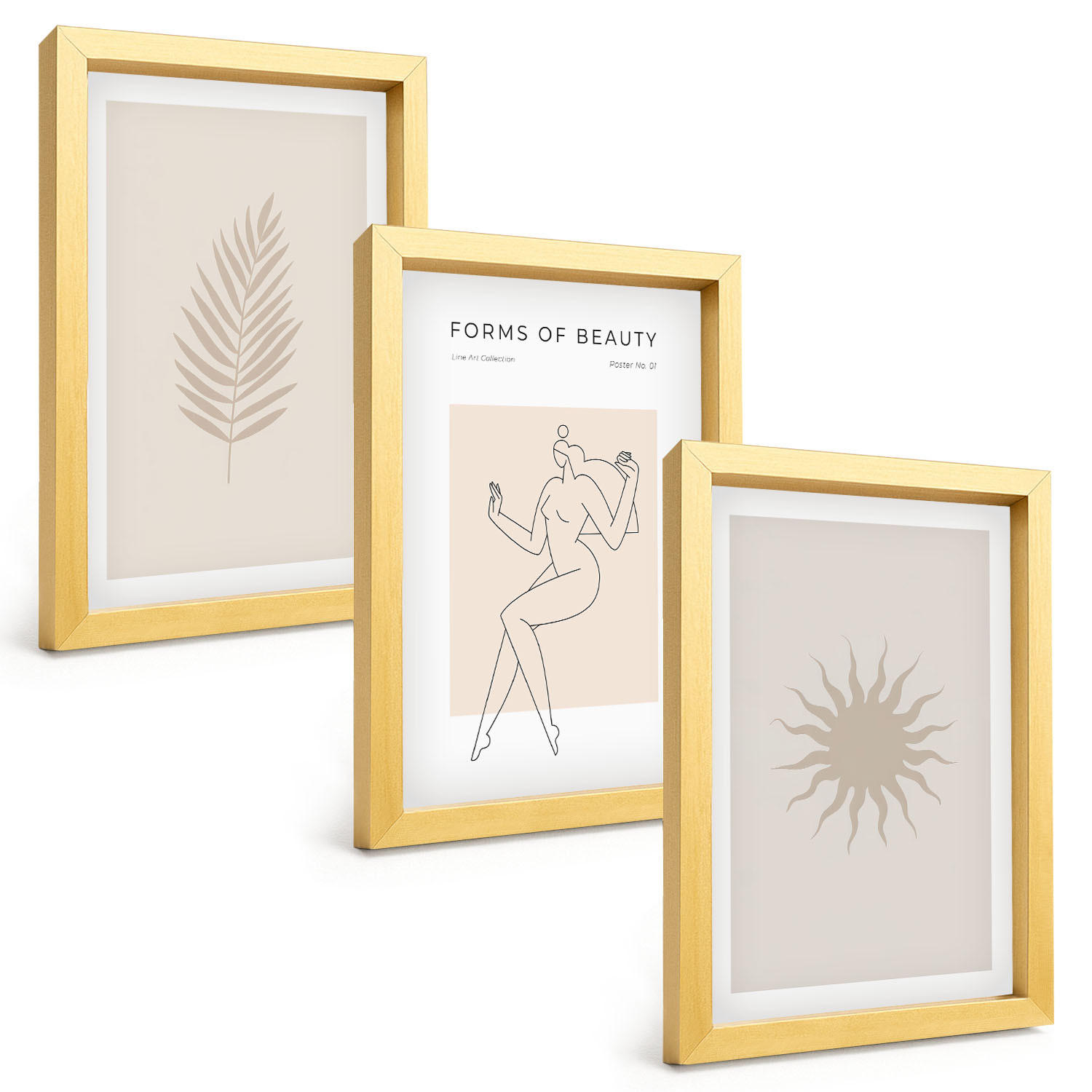 BILDER SET 3er Set - 20x30 cm Goldrahmen - Eine Sammlung minimalistischer Formen - Goldfarben, Kunststoff (20/30cm) - TULUP