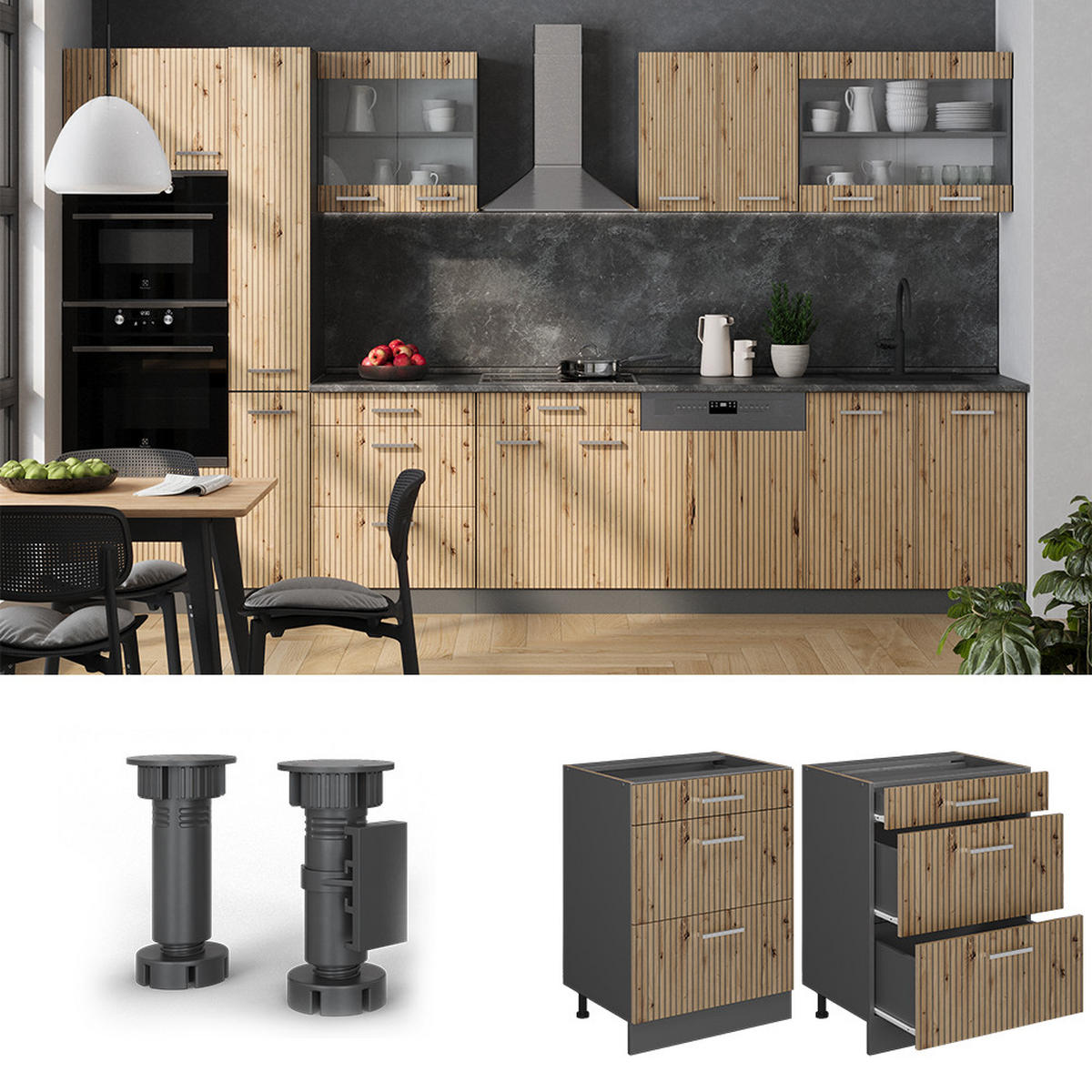 KÜCHENUNTERSCHRANK R-Line Artisan-Eiche 60 cm mit Schubladen, AP Eiche - Anthrazit/Eiche Artisan, Holzwerkstoff (60/81.6/60cm) - Vicco