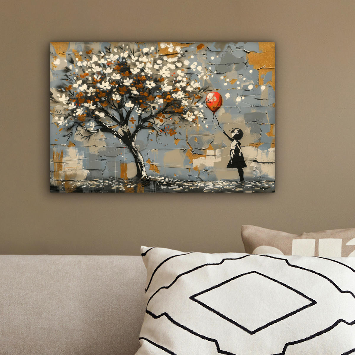 LEINWANDBILD Baum - Graffiti - Banksy-Stil - Ballon-Mädchen 30x20 cm - Blaugrau, Textil (30/20cm) - MuchoWow