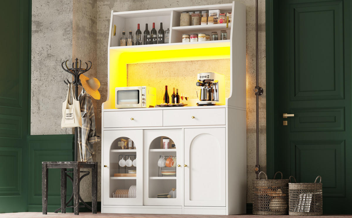 KÜCHENBUFFET mit 2 Schubladen, LED-Beleuchtung und Glaselementen, 120 x 40 x 180 cm, Weiß, MDF, Spanplatte - Weiß, Holzwerkstoff (120/180/40cm) - SONNENH