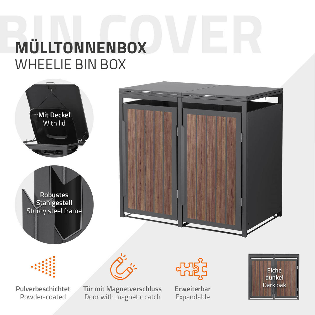 MÜLLTONNENBOX 2er 240L 132x80x120 cm Anthrazit-Eiche dunkel aus Stahl - Dunkelbraun, Metall (80/120/132cm) - ML-DESIGN