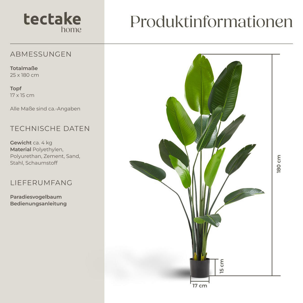 KÜNSTLICHER-PARADIESVOGELBAUM Tropic,stabiler Kunststoff-Blumentopf,grün - Grün, Kunststoff (180cm) - tectake