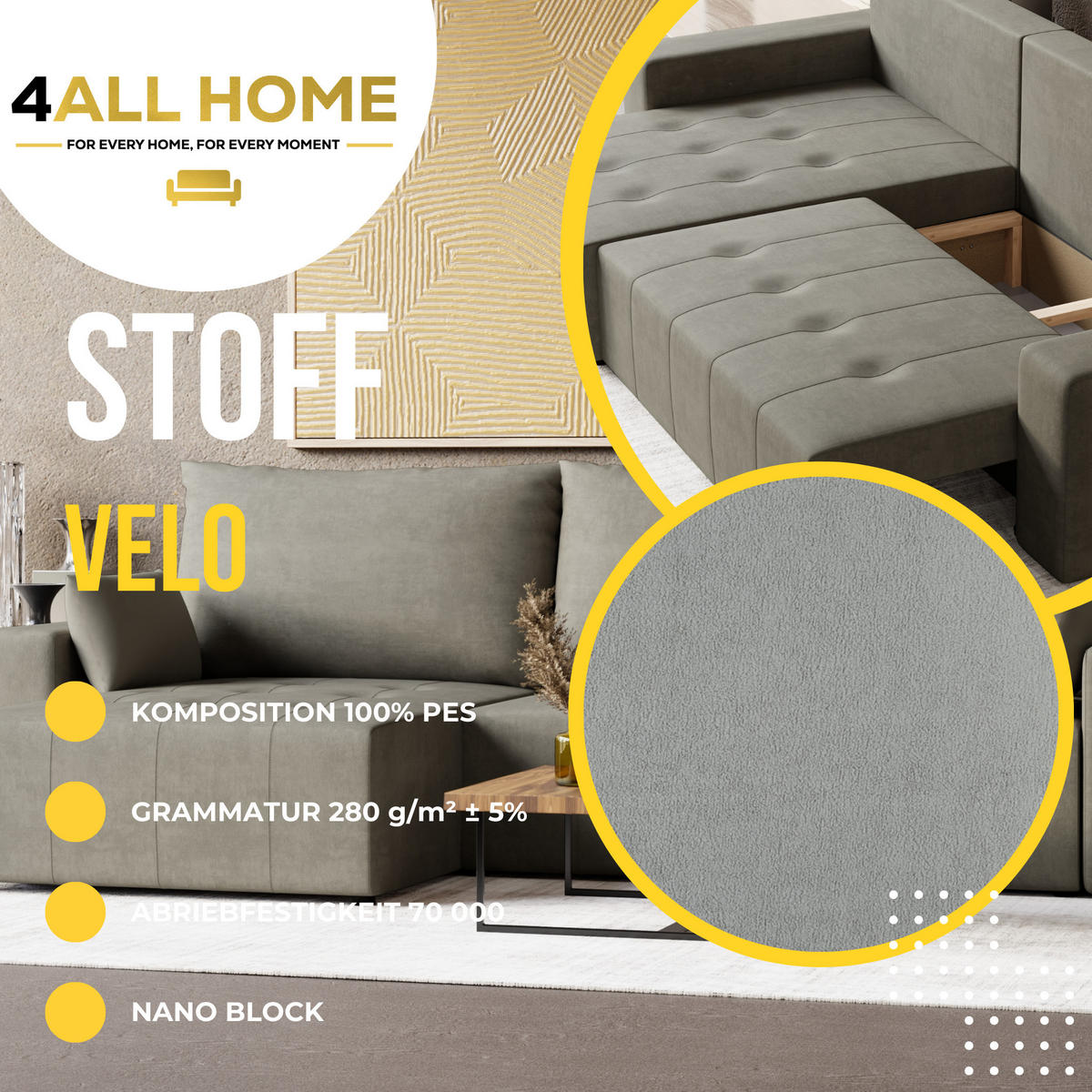 ECKSOFA Tico mit Bettkasten und Schlaffunktion, L-Form/XL-Form, Velourstoff, Universal - Hellgrau, Holzwerkstoff (276/145cm) - 4ALL HOME