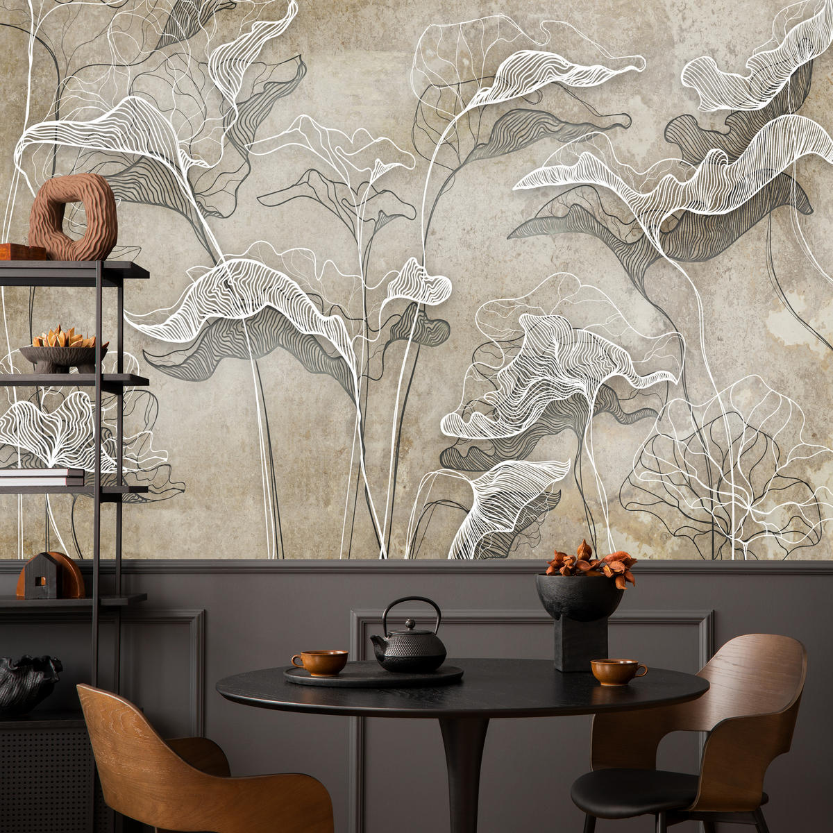 FOTOTAPETE Abstrakte Blätter Beton Optik 350x256 - Beige/Braun, Papier (350/256cm) - Muralo