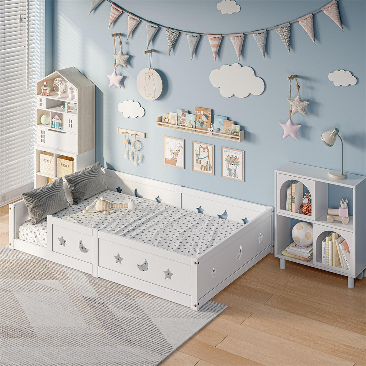 KINDERBETT 140x200 cm - Bodenbett mit Rausfallschutz - mit Sternen- und Mondmotiven - ohne Matratze - Weiß - Weiß, Holz (140/200cm) - DELFA
