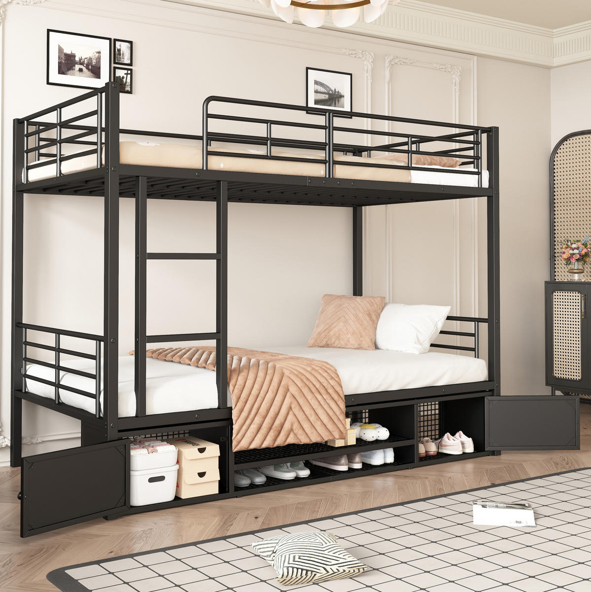 ETAGENBETT 90/200 cm Schwarz aus Eisen mit Schuhablage und Sicherheitsgitter - Schwarz, Metall (90/200cm) - OKWISH